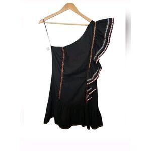 Loveshack Fancy One Shoulder Black Mini Dress W Beading & Embroidery Size 8